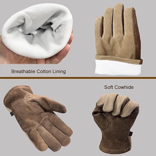 Leather Work Gloves for Women with Cotton Lining, Thorn Proof Gardening Gloves for TIG/MIG Welding, Construction (coffee, Large)