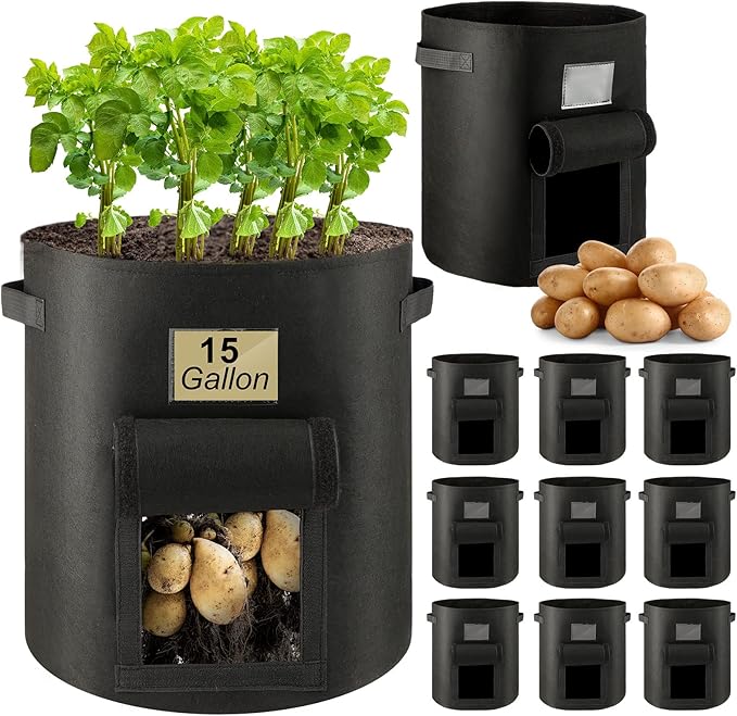 10 Pcs 15 Gallon Potato Grow Bags with Flap Grow Containers Bucket Nonwoven Fabric Garden Bags Potato Planter Pots with Handles Potato Growing Containers for Planting Potatoes Tomato Vegetables, Black