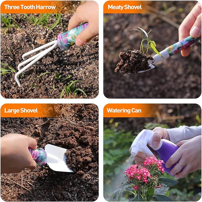 APSARAS USA Gardening Tools, 10 Pieces Gardening Tool Set with Purple Floral Print,Ergonomic Handle Trowel Rake Weeder Pruner Shears Sprayer with Carrying Case Garden Tool Set Gifts for Women