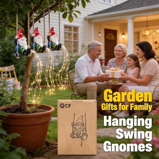 Hanging Garden Gnomes Statues Solar Watering Can Fairy Lights, 6.7''H Swings Gnome Cascading LED Decor for Yard Balcony Backyard Tree Outside, Housewarming Birthday Gifts for Woman Mom Grandma