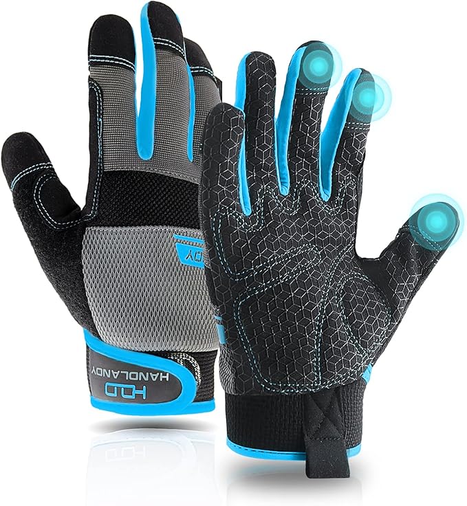 Grip Utility Mechanic Work Gloves for Men & Women, Non-Slip Silicone Box Handling Gloves Touch Screen, Durable, Breathable (Medium, Blue-Grip)