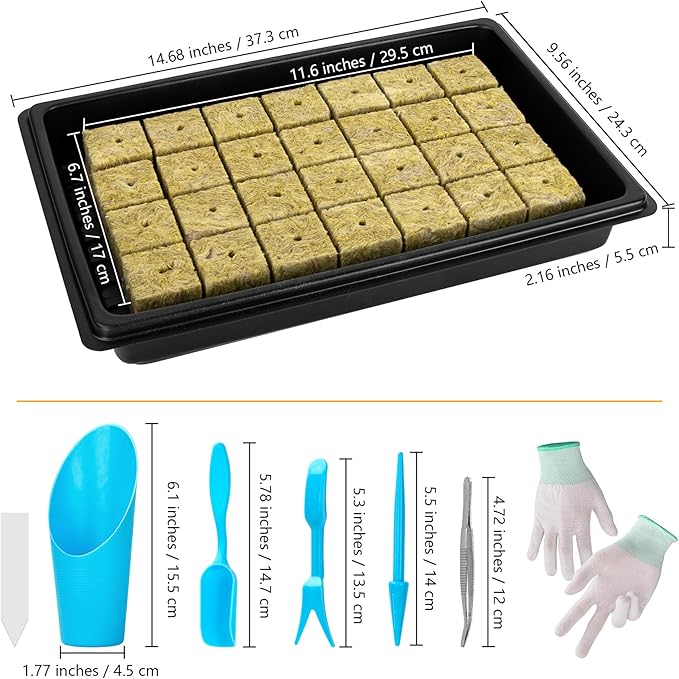 Seed Starter Kit - 28 PCS 1.5 in Rockwool Cubes & 1 Pack Reusable Seedling Starter Tray with Gloves/Transplanting Devices/Iron Tweezer/Labels for Cuttings Propagation Plant Clone