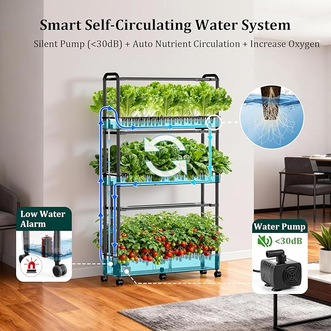 90-Pod Hydroponics Growing System, Large Vertical Hydroponic Garden with Smart Full-Spectrum Grow Lights, Auto Circulating Water, Mobile Indoor Gardening System for Herbs, Vegetables & Fruits