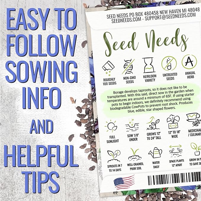 Seed Needs Borage Seeds for Planting Blue Star Flowers - Heirloom Non-GMO & Untreated - Plant a Home Grown Flowering Herb Garden Attract Bees, Butterflies & Other Pollinators (5 Packs)