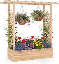 HAPPYGRILL Raised Garden Bed with Trellis & Hanging Roof, 45" Tall Wooden Planter Box with Drainage Holes, Outdoor Wood Elevated Garden Bed for Climbing Plants Vines Vegetables Flowers (Natural,1)
