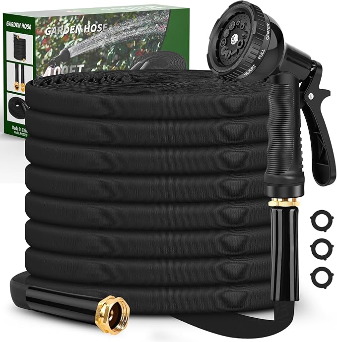Garden Hose 100ft, 3/4" GHT Non-Expanding Water Hose Lightweight, Flexible Garden Hose with 10 Function Nozzle, Kink-Free, Sturdy, High-Pressure, Abrasion Resistant Hoses for Yard, Garden