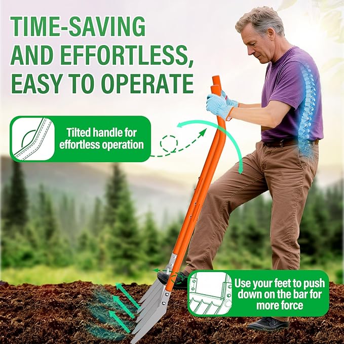 VASALAID Broadfork 5-Tine Broad Fork for Gardening Ergonomic U-Shaped Design Heavy Duty Broadfork Tool for Gardening Cultivating Farm Garden Digging Crushing Aerate Soil