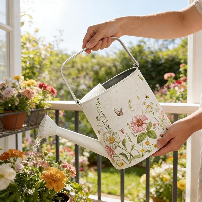 Vintage White Metal Watering Can Decorative Garden Watering Pot with Floral & Butterfly Prints Rustic Shabby Chic Design for Indoor Plants, Outdoor Gardening, Home Decor