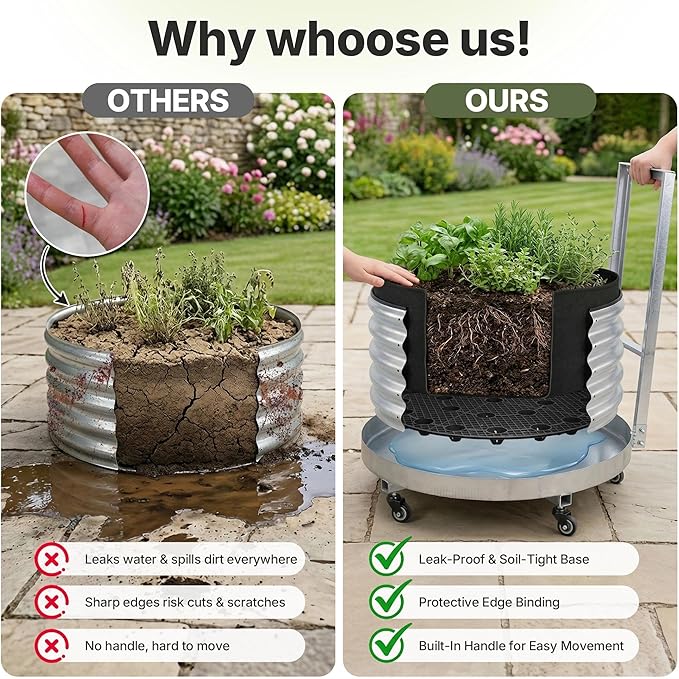 Galvanized Metal Raised Garden Bed Outdoor with Wheels, Planters Box for Outdoor Plants with Geotextile Grow Bag & Plastic Tray Pad, for Vegetables/Herbs/Flowers, 24" X 11.5"