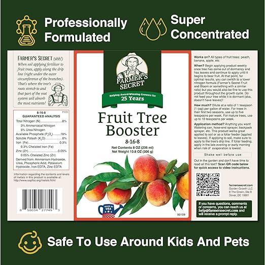 Farmer's Secret Fruit Tree Booster Fertilizer (8oz) - Super Concentrated and Phosphorus Rich - Formulated for All Fruit Trees Including Peach, Banana, and Apple