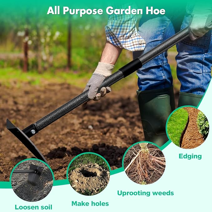 Garden Hoe, Heavy Duty Trenching Hoes with 60 Inch Long Handle, Sharp Edge Triangle Weeding Hoe Garden Tools for Weeds Removal,Cultivating,Digging,Loosen Soil, Trenching, Landscaping Manual Weeder