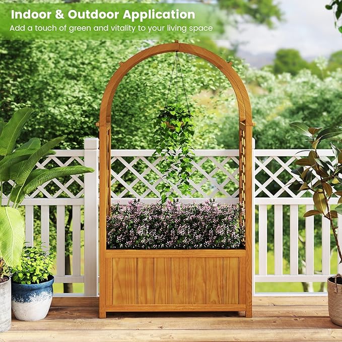 Giantex Raised Garden Bed with Arch Lattice Trellis, for Climbing Vine Flower Vegetable, Wood Planter Box with Liner & Drainage Design, Outdoor Plant Container for Yard Balcony (33"x15"x57")
