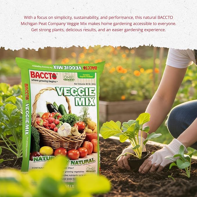 Michigan Peat Company BACCTO Veggie Mix with Peat Moss, Indoor Outdoor Organic Nutrients for Planting & Growing Vegetables, 40 Quart Bag