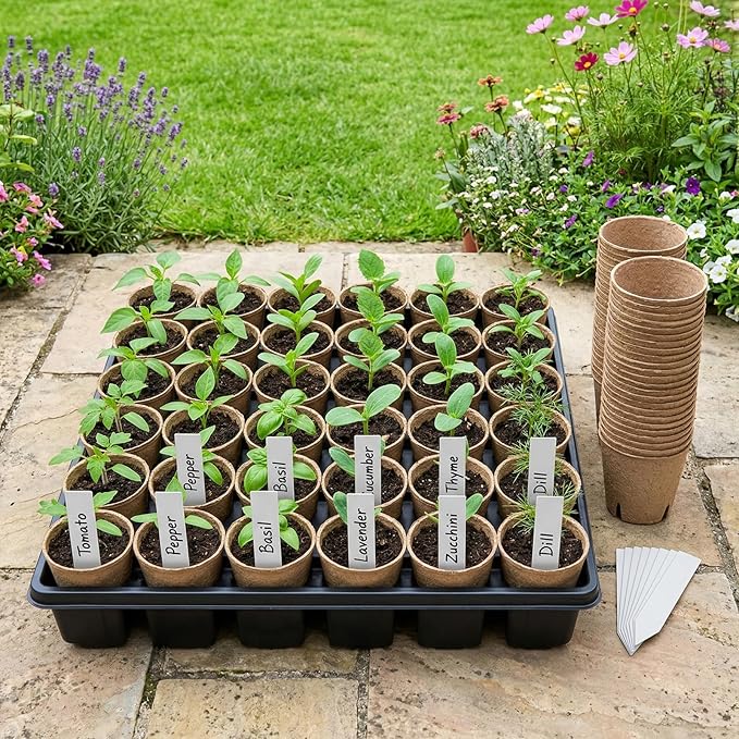 NEWMIAO 60 Pack 3.15 Inch Peat Pots, Biodegradable Seed Starter Pots for Seedlings with Drainage Holes, Germination Nursery Pots Kit Including 100 Plant Labels for Gardening (Round-60pcs)