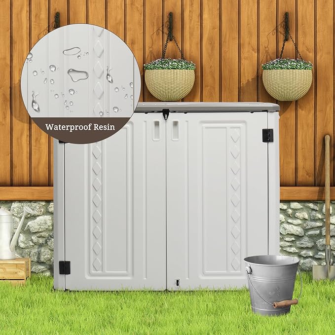 VINGLI Outdoor Horizontal Storage Shed Waterproof with 34 Cubic Feet Storage Space, 50” x 29” x 41” Patio Storage Cabinets for Garbage Cans, Bike, Tools， Deck Box for Yard, Porch, Garden, White