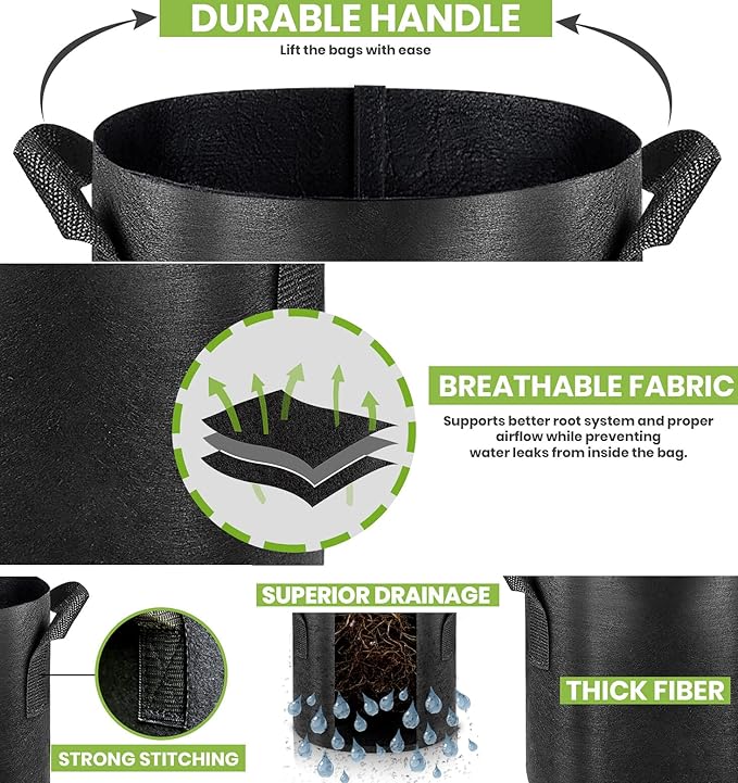 Gardenera Fabric Grow Bags - 10-Pack 7 Gallon Planters with Handles, Perfect for Growing Vegetables, Flowers, and Herbs in Small Spaces
