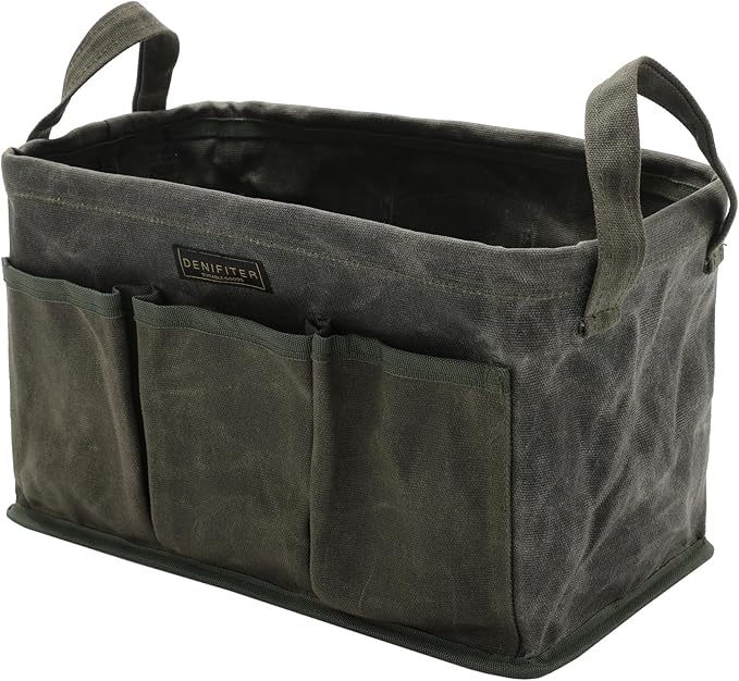 Tool Bag for Organizing, Waxed Canvas Wide Open Top Tool Tote Bag with 6 External Pockets, 13.8 x 7.8 x 7.8 Inches (ArmyGreen)