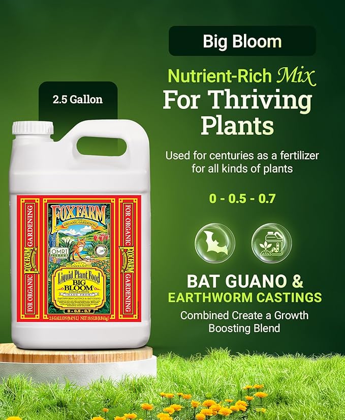 Fox Farm Big Bloom Liquid Plant Food - Organic Bloom Fertilizer for Flowering & Fruiting Plants, Contains Earthworm Castings & Bat Guano - Supports All Stages of Plant Growth - 0-0.5-0.7 NPK,2.5Gallon