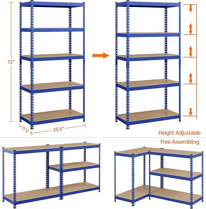 Yaheetech Storage Shelves, 5 Tier Heavy Duty Adjustable Metal Shelving Unit, Industrial Utility Rack for Garage Warehouse Pantry Closet (35.5 W x 17.5 D x 72 H Inches, Blue)
