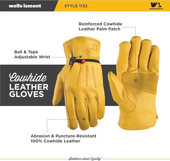 Wells Lamont Leather Work Gloves for Men – Heavy Duty, Cowhide, Abrasion & Puncture Resistant – Adjustable Wrist, Gunn Cut Design, Ideal for Ranching, Farming, Construction - Saddletan - S