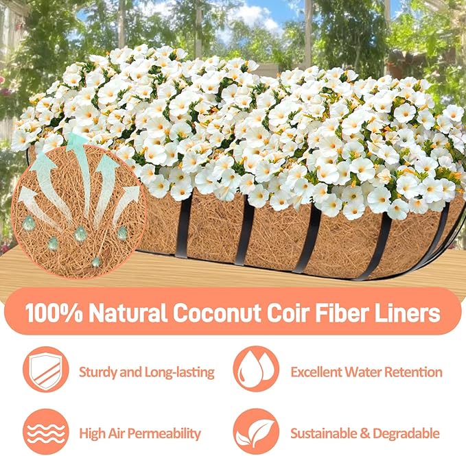 2 Pack 48 Inch Trough Coconut Liners for Planters- Natural Coco Liner Window Box Liners Replacement, Coconut Fiber Planter Liner for Outdoor Flower Planters, Deck Railings, Fence and Balcony