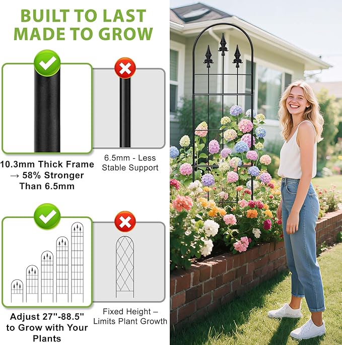 2 Pack 57.8" H x13 W Garden Trellis for Climbing Plants Outdoor, Rustproof Arched Metal Rose Trellis for Outdoor Indoor Roses Clematis Potted Climbing Plants Vines Flowers Decorative, Black