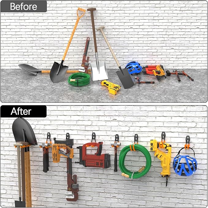 3-H Garage Wall Hooks Heavy Duty 31 Pack, Anti-Slip Steel Wall Mount Storage Hooks for Hanging Ladder Garden Yard Tools, Utility Organizer for Garage Lawn Shed (Orange)