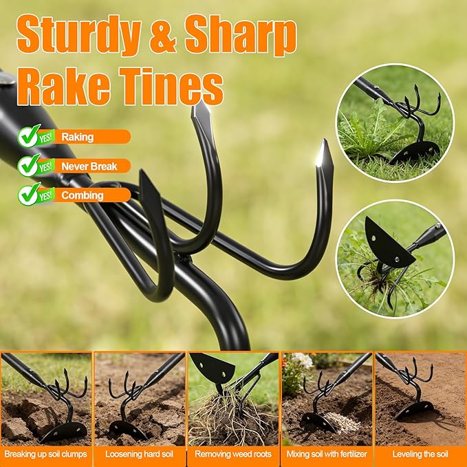 52" Heavy Duty 2-in-1 Hoe & Tiller Rake Garden Tool, 3-Tine Cultivator for Weeding and Soil Loosening, Long Handle Stand Up Digging Tool for Gardening and Planting