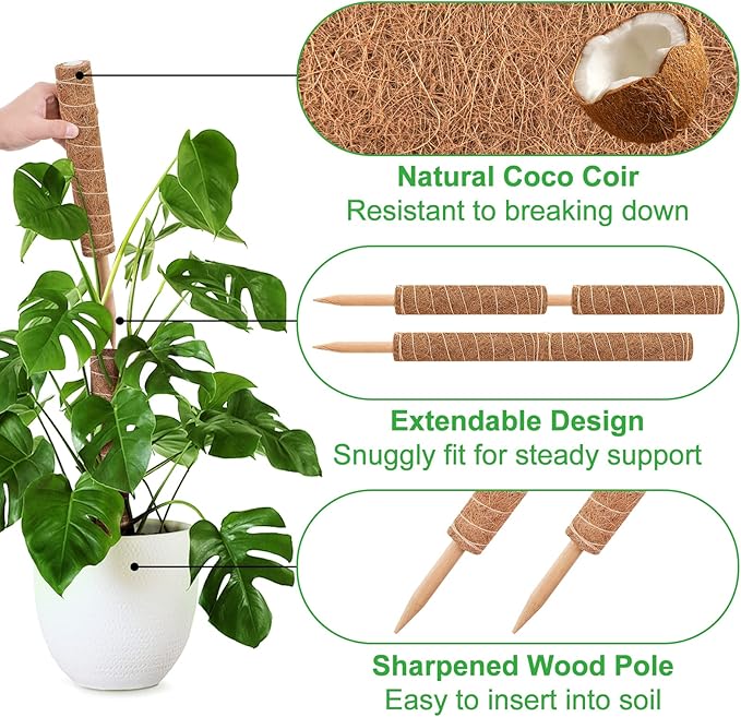 GROWNEER 42 Inch Moss Pole for Plants, 4 Pcs 15 Inch Stackable Coir Totem Support, Moss Sticks with 15pcs Labels and 78in Garden Ties, Monstera and Snake Plants Stake for Climbing Indoor
