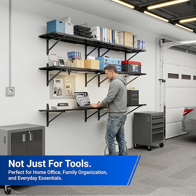 FLEXIMOUNTS 2-Pack 1x6ft Garage Shelving 14-inch-by-68-inch Perforated Wall Shelf, Heavy Duty Garage Storage Rack with 1400 lbs Load Capacity, Wall Mounted Organization System for Tools, Heavy Bins