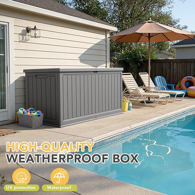 270 Gallon HDPE Deck Box Outdoor Indoor Waterproof Storage Box for Patio Furniture, Pool Accessories, Garden Tools, and Cushion Storage, Gray