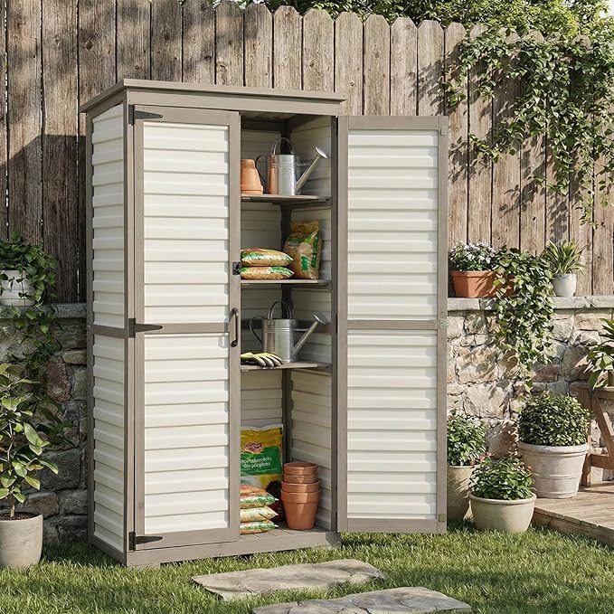 PetsCosset Outdoor Storage Cabinet with Shelves, Wood & Plastic Garden Shed, Weatherproof Outside Tool Cabinet for Patio, Backyard, Pool