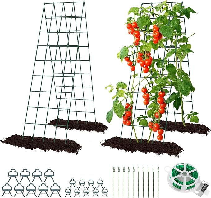 Cucumber Trellis for Raised Bed, Rifny 16.5 x 60 Inch Metal Trellis for Climbing Plants Outdoor with Plant Clips Twist Ties, Garden Plant A-Frame Trellis for Vegetable Pea Tomato (Green, 2 PCS)
