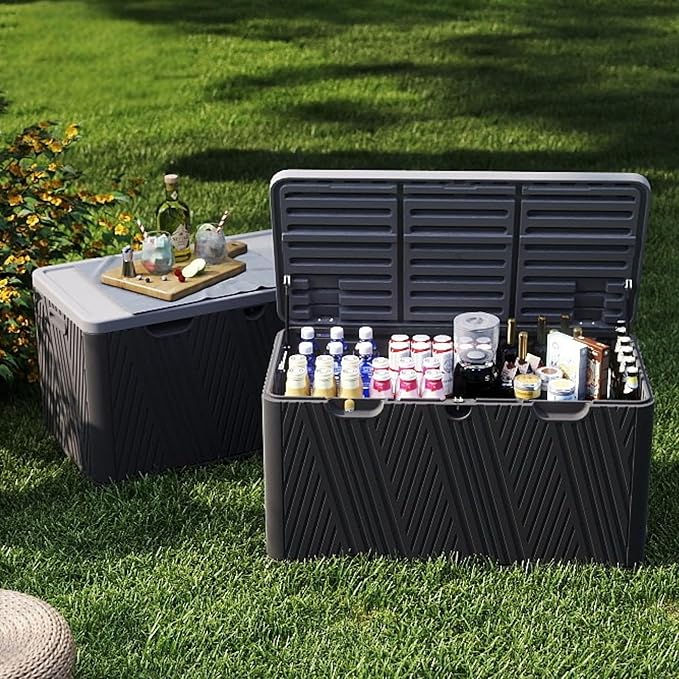 110 Gallon Outdoor Storage Box, Waterproof Patio Deck Box with Lockable Lid, Heavy-Duty HDPE Bench for Garden Tools,Cushions (Black, 110 Gallon)