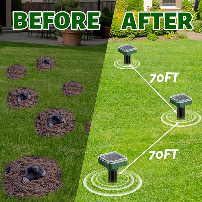 Mole Repellent Solar Powered 10 Pack,Ultrasonic Vole Repellent Outdoor, IP 44 Waterproof Animal Deterrent for Yard Garden,Effective Get Rid of Gopher Raccoon Squirrel Groundhog Chipmunk