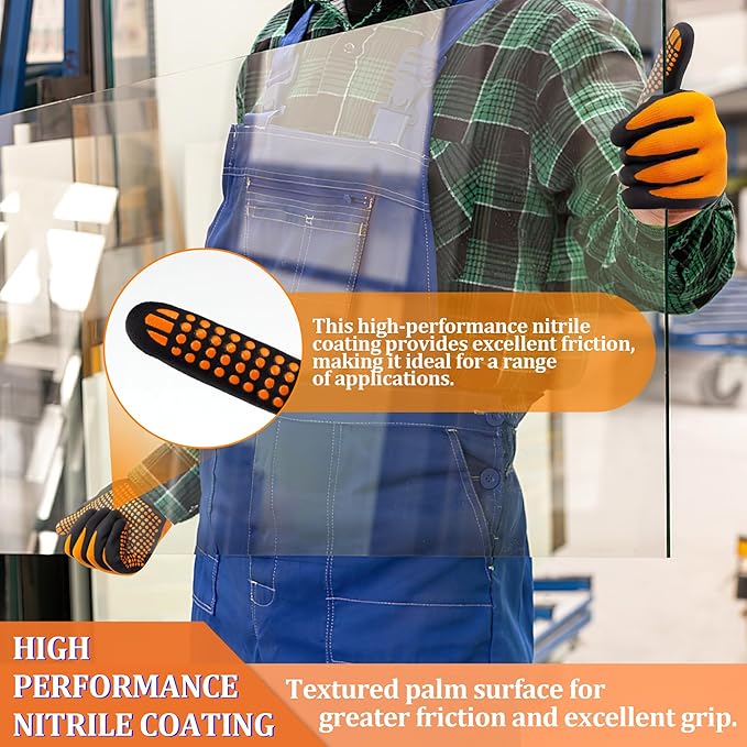 LOCCEF Work Gloves MicroFoam Nitrile Coated-6 Pairs,Endurance Seamless Knit Nylon,Dots on palm,Tacky Dot Grip Gloves,Orange