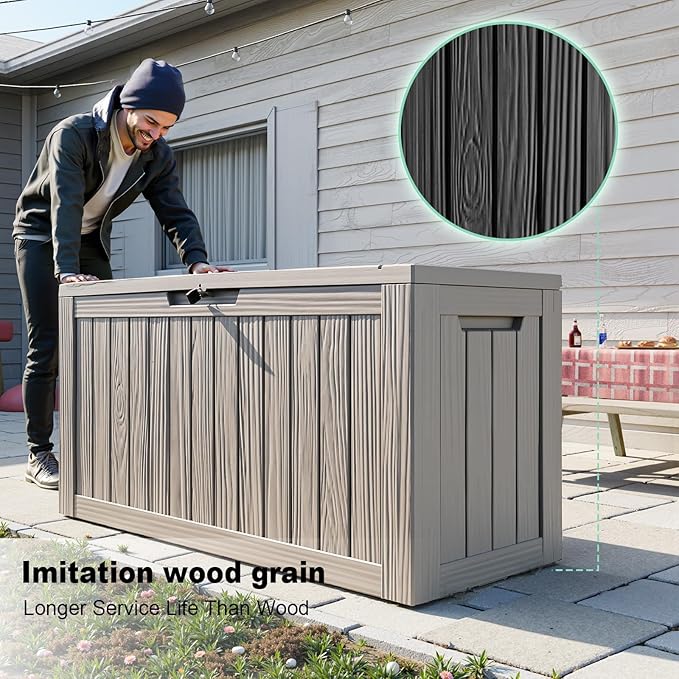 PatioZen 90 Gallon Deck Box,Resin Outdoor Storage Box with Lockable for Patio Furniture, Pool Accessories, Garden Tools Waterproof Outside Storage Box, Grey