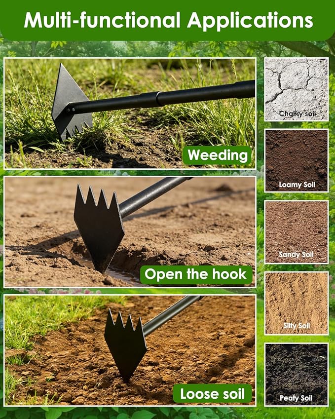 Luvenia Garden Hoe, 46 Inch Long Handle Hoe Garden Tool Heavy Duty, 2 in 1 Weed Rake & Garden Hoe for Women & Family Gardeners, Fast Weeds Grass Removal,Cultivating, Loosen Soil, Sharp Edge
