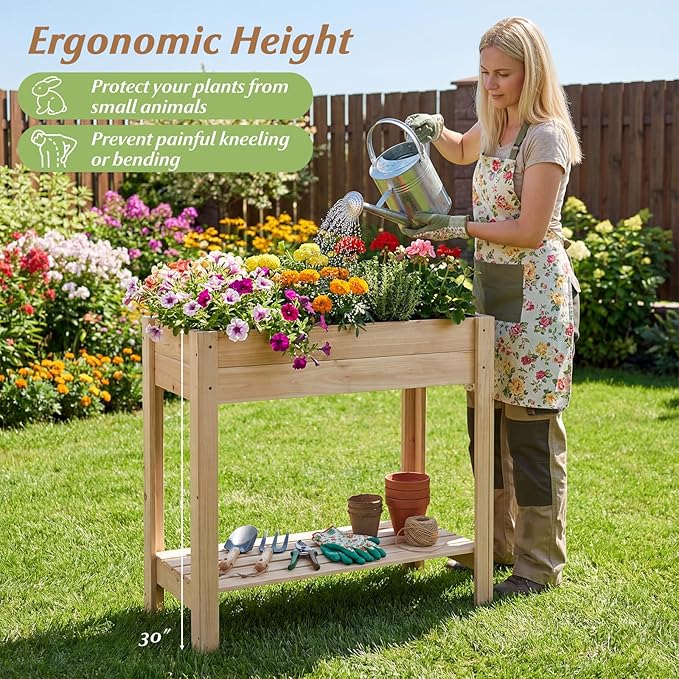 Giantex Wood Raised Garden Bed w/Lower Shelf, Planter Box with Legs for Flower Herb Vegetable Fruit, Indoor Outdoor Elevated Raised Beds for Gardening, Backyard, Patio, Balcony