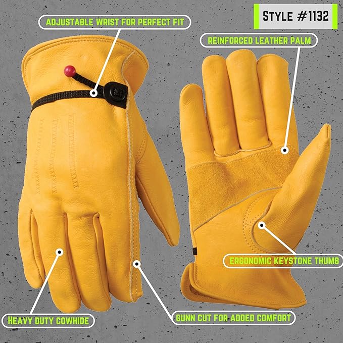 Wells Lamont Men's Cowhide Leather Work Gloves, Adjustable Wrist, Puncture and Cut Resistant, Saddletan, Medium (1132M) (Pack of 2)
