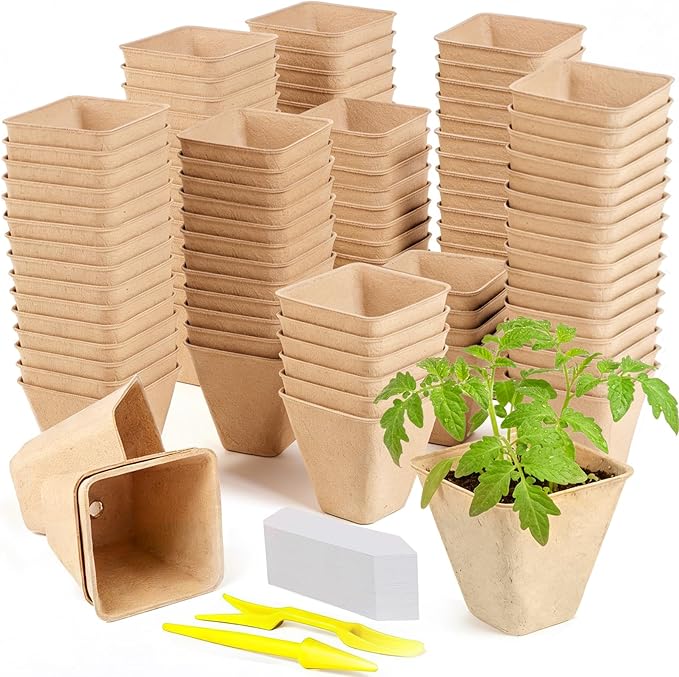 165-Pack 3.15 inch Square Peat Pots for Seedlings with 100 Labels, Biodegradable Nursery Pots withDrainage Holes for Plants