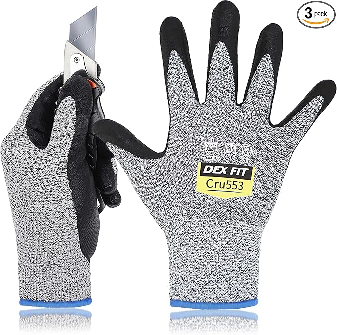DEX FIT Level 5 Cut Resistant Gloves Cru553, 3D-Comfort Stretchy Fit, Power Grip, Professional Grade, Thin, Touch-Screen Compatible, Durable, Machine Washable; Gray L (9) 3 Pairs