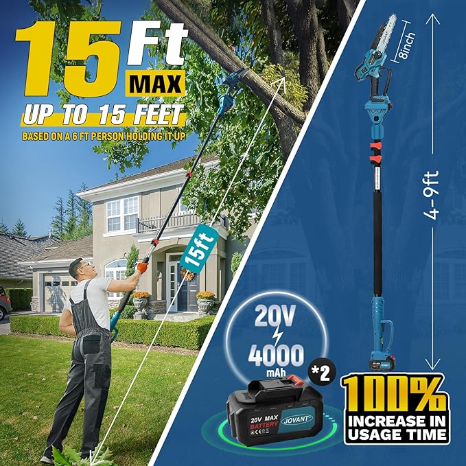 Electric Pole Saw for Tree Trimming, 2-in-1 Cordless 8 Inch Chainsaw with Extension Pole, 2 x 4.0Ah Battery Powered Tree Limb Cutter for Pruning, Tree Cutter High Reach Pole Saws for Branch Cutting