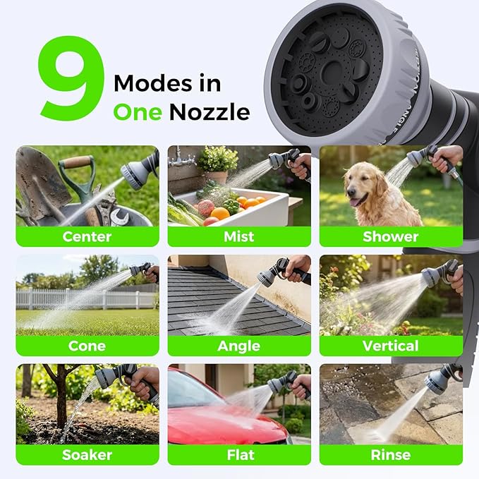 Retractable Garden Hose Reel 5/8 in x 100 ft, Heavy Duty Wall Mounted Water Hose Reel with 9-Pattern Nozzle, Any Length Lock, Automatic Slow Return System, 180° Swivel Bracket, UV Resistant