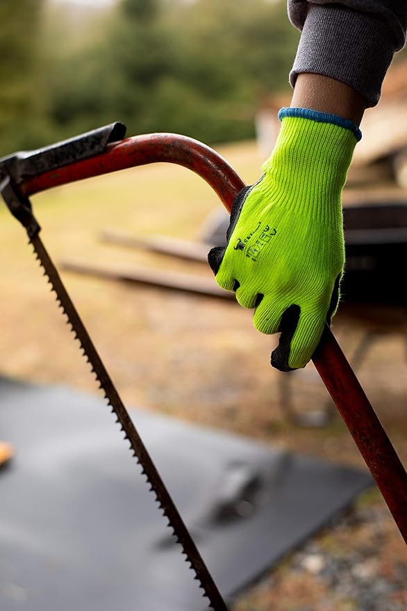 G & F 1516 6 Pairs Pack Premium High Visibility Low emissions Green Work and gardening Gloves for Men and Women. MicroFoam Textured Coated Palm and Fingers Gloves for Gardening Work, Size Small, Green