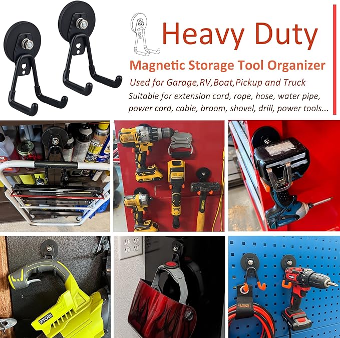 ULIBERMAGNET Heavy Duty Magnetic Garage Hooks,10 Pack Strong Large Magnet Hook for Power Drill,Garden Tools,Hose,Pegboard,Garage, Workshop,Magnetic Storage Hooks for Indoor Outdoor Hanging(Black)