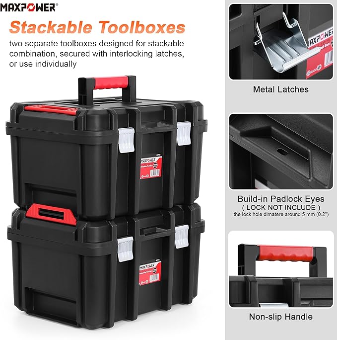 MAXPOWER 16 inch Plastic Tool Box, Black Deep Toolbox with Metal Latches and Removable Tray, Pack of 1