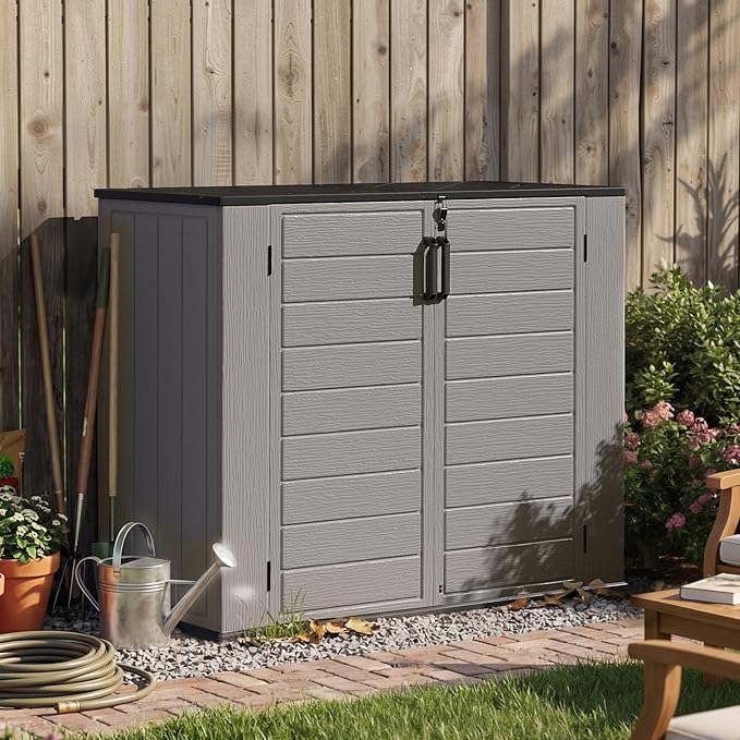 Aoxun Outdoor Storage Cabinet, 41 Cu Ft Waterproof Portable Horizontal Resin Shed Outdoor Storage for Garbage Bin, Generators & Yard Gear (Grey)