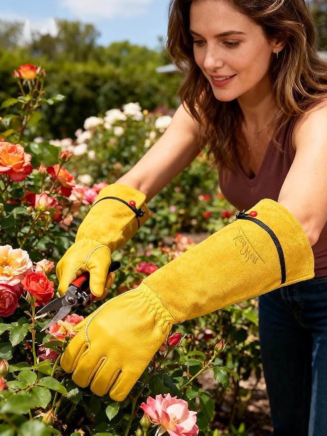 Heavy Duty Long Leather Garden Gloves Thorn and Cut Proof Garden Work Gloves (Yellow 2, X-Small)