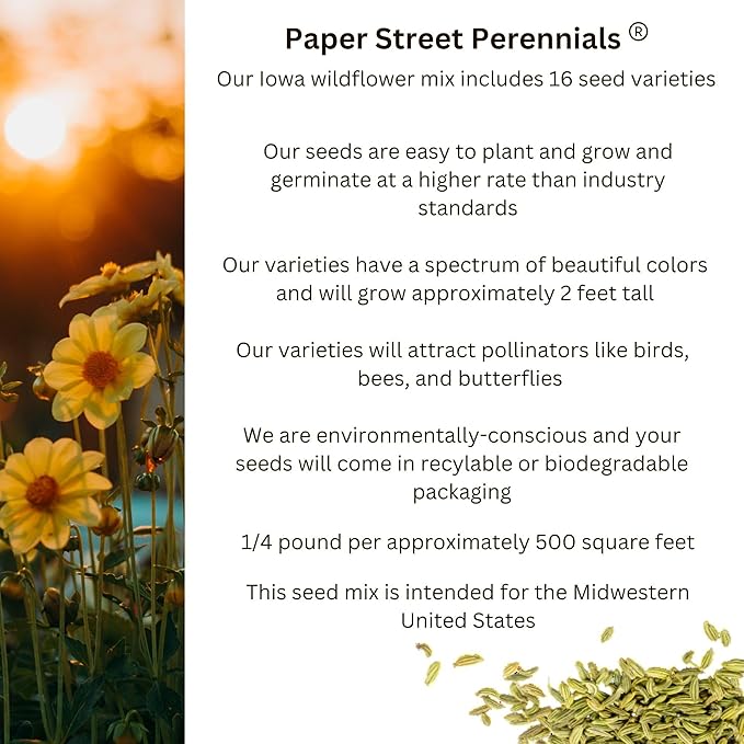 Iowa Bulk Perennial Wildflower Seed Mix 1lb Covers 2,000sq-ft - Attract Pollinators, Multi-Color Blooms - Midwest US Species Plant in Spring/Fall - Earth-Friendly Packaging (1 Pound)